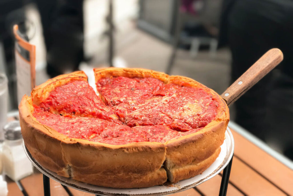 Chicago pizzeria serving deep dish pizza.