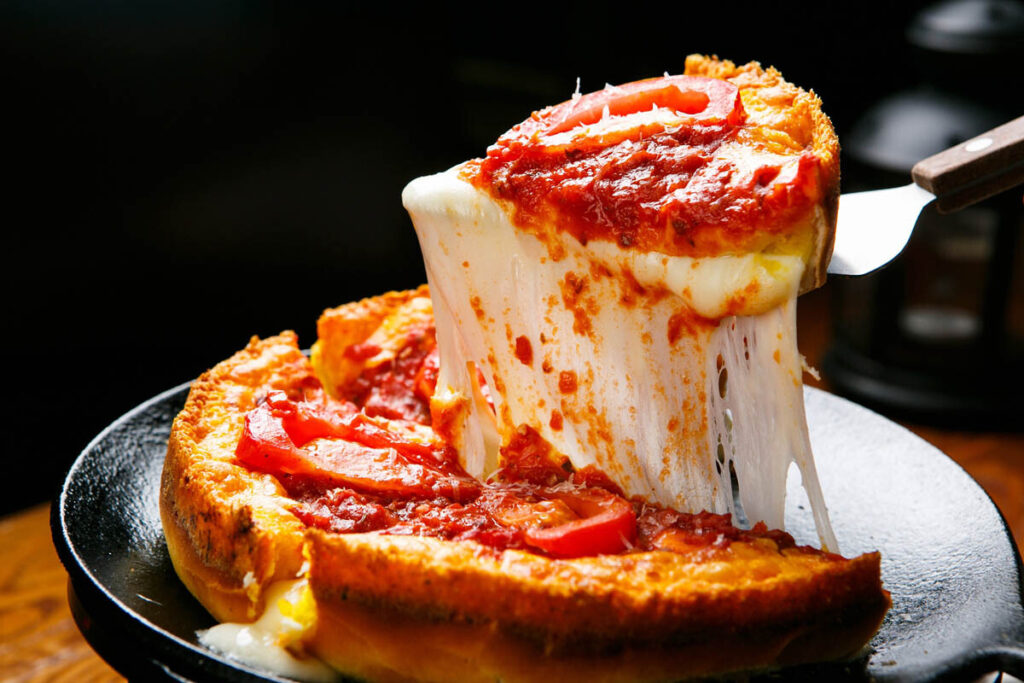 Deep dish pan pizza, crunchier than hand-tossed