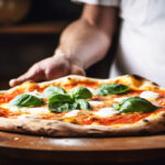 A Margherita pizza on a cutting board with crispy crust.